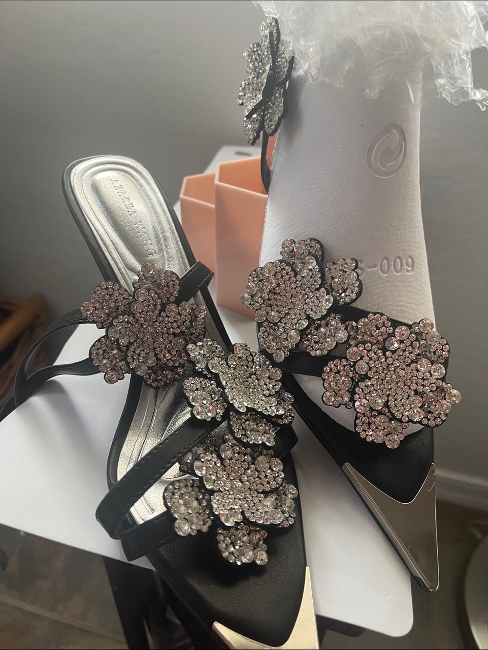 Embellished Black Floral Crystal Mules by Azalea Wang